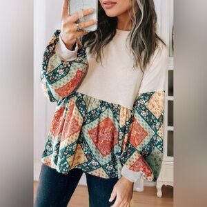 Patchwork Long Sleeve Blouse